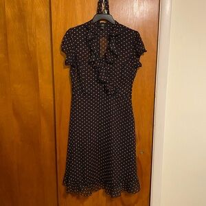 J.B.S. Black Midi Dress with Orange Polka Dots Sheer Belted Ruffle Collared.